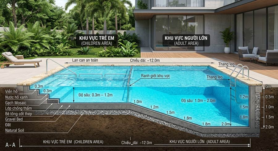 Độ sâu hồ bơi tiêu chuẩn