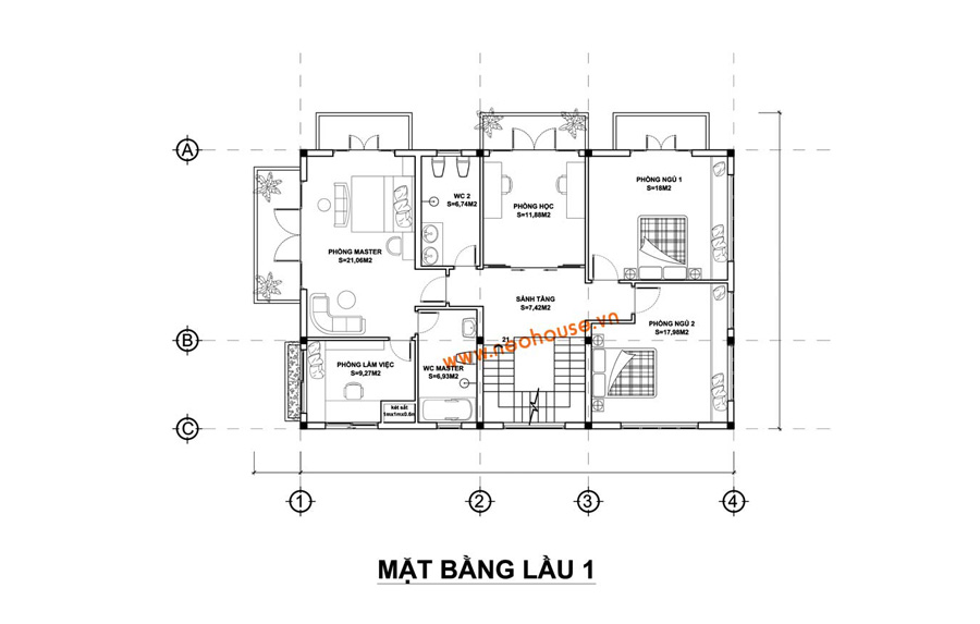Mặt bằng lầu 1 biệt thự 8x12m 2 tầng mái Thái