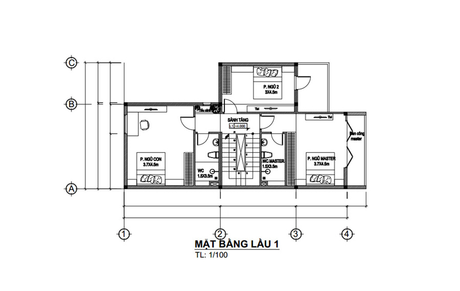 Mặt bằng lầu 1 nhà biệt thự 8x12 3 tầng đẹp