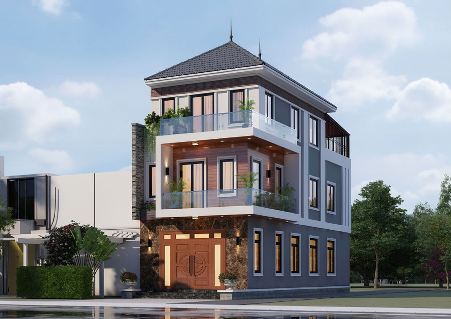 Thiết kế mặt tiền nhà phố 6m 3 tầng mái Nhật