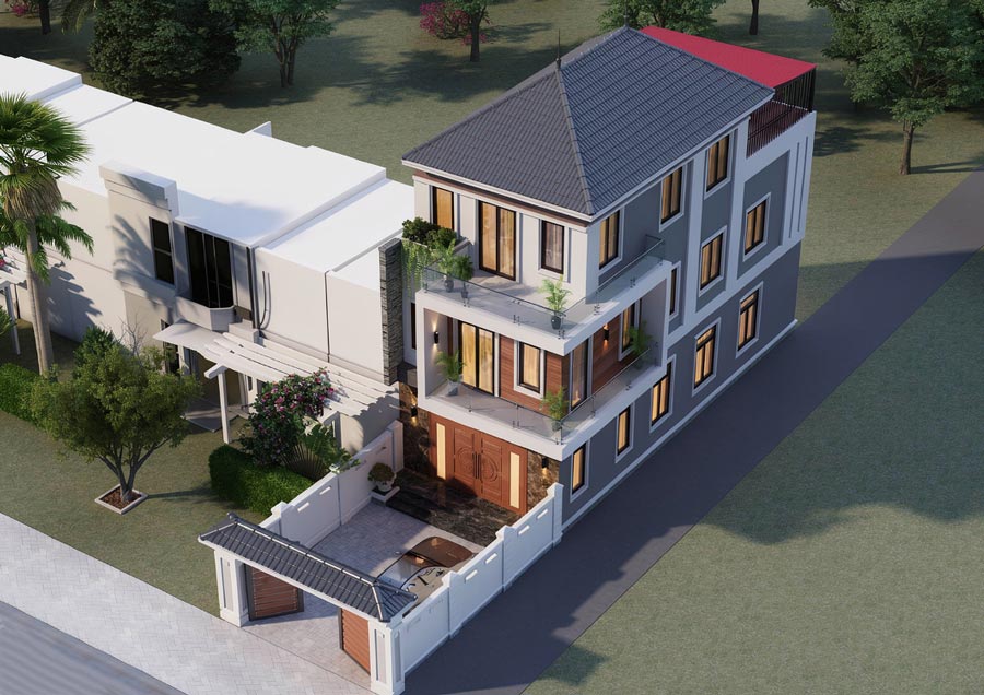 Thiết kế mặt tiền nhà phố 6m 3 tầng mái Nhật