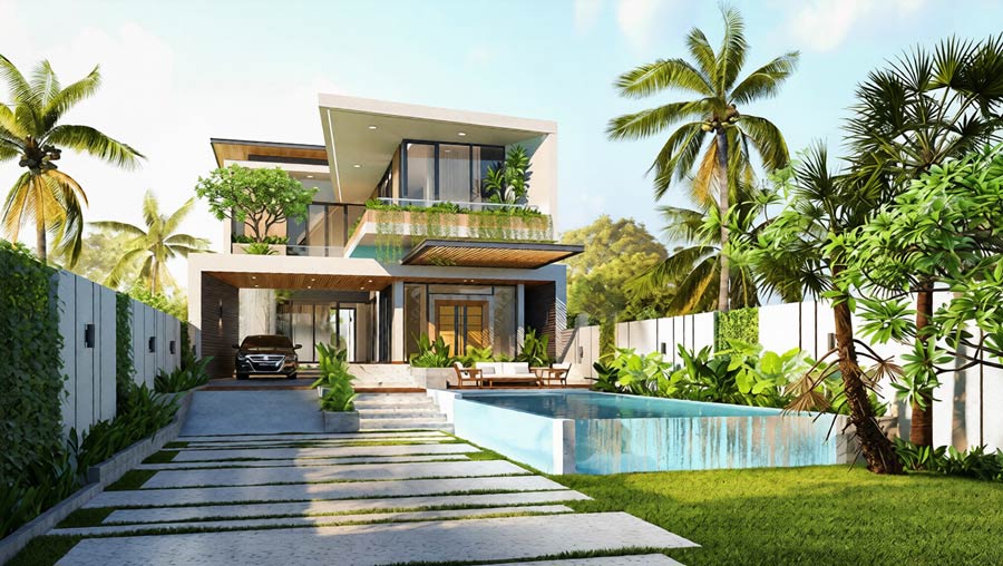 Mẫu thiết kế biệt thự mặt tiền 8m có hồ bơi