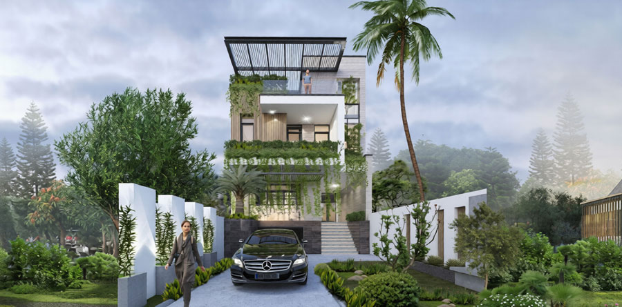 Mẫu thiết kế nhà biệt thự mặt tiền 8m có sân vườn