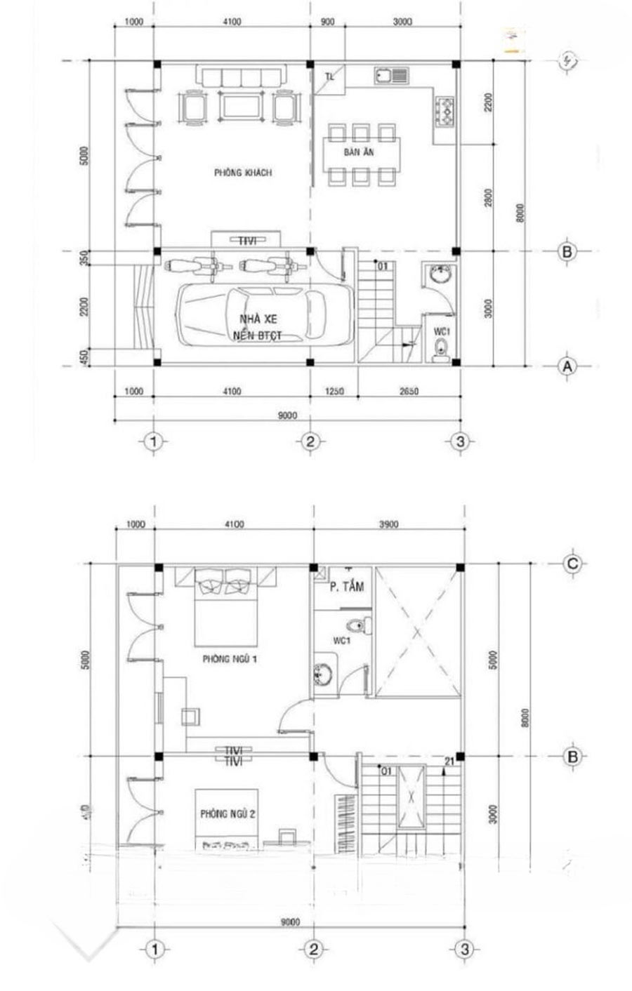 Bản vẽ nhà vuông 7x7m 2 tầng​