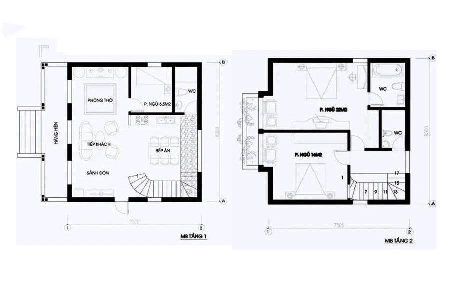 Bản vẽ nhà vuông 2 tầng​ 8x8m