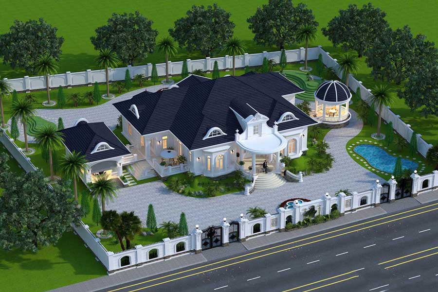 Biệt thự 1 tầng có bể bơi hình Oval
