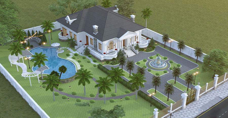 Biệt thự 1 tầng có bể bơi hình Oval