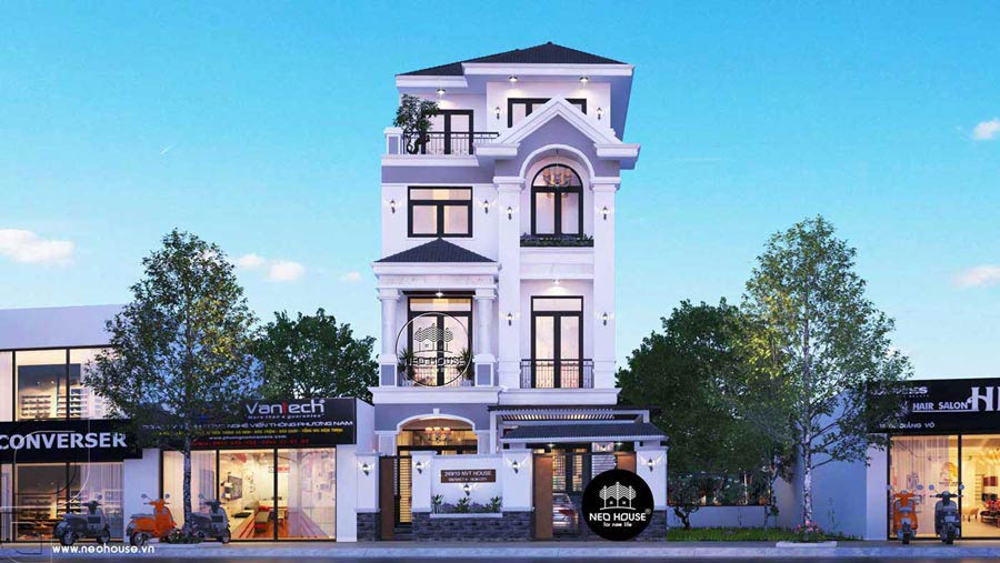 Thiết kế biệt thự mái dốc 4 tầng bề thế