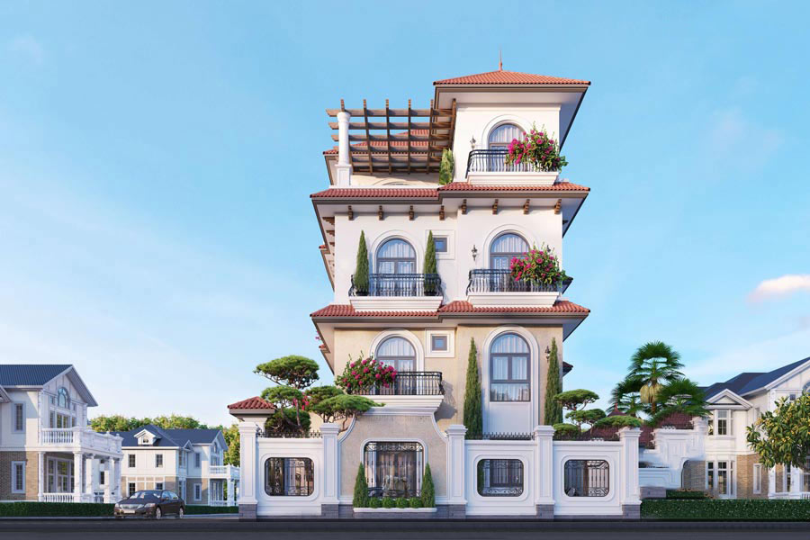 Thiết kế biệt thự mái dốc 4 tầng bề thế