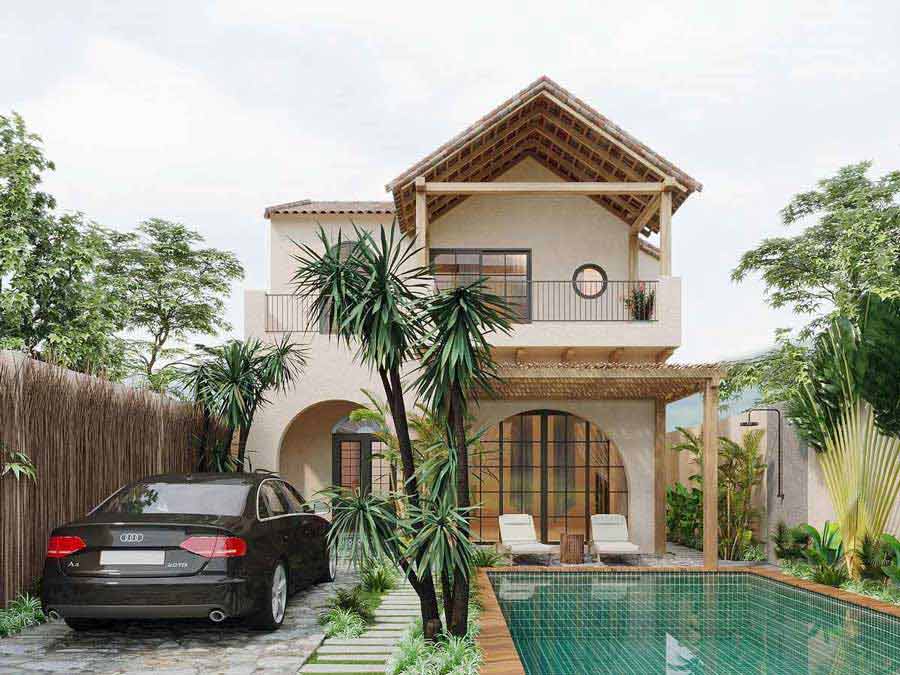 Thiết kế biệt thự mái dốc có hồ bơi nghỉ dưỡng