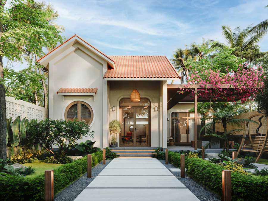 Mẫu thiết kế biệt thự phong cách tối giản mái dốc