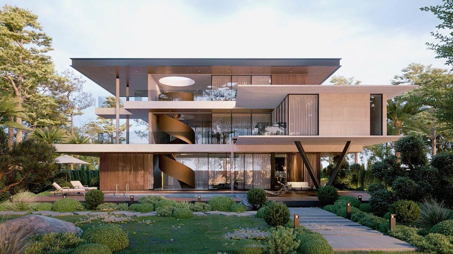 Thiết kế biệt thự tối giản mặt tiền bằng kính