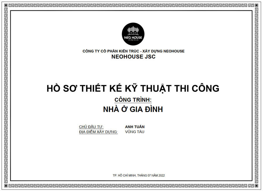 Hồ sơ thiết kế kỹ thuật thi công biệt thự tại NEOHouse