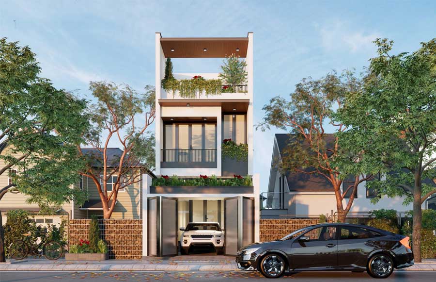 Thiết kế nhà 2 tầng ngang 5m có gara để xe