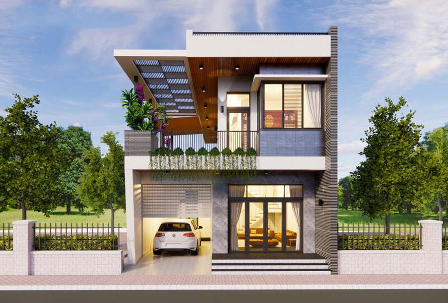 Thiết kế nhà 2 tầng ngang 5m có gara để xe