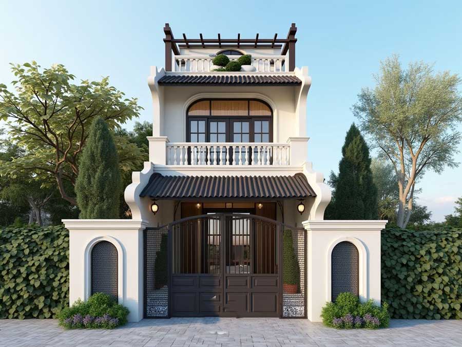 Mẫu nhà mặt tiền 5m 2 tầng phong cách Indochine