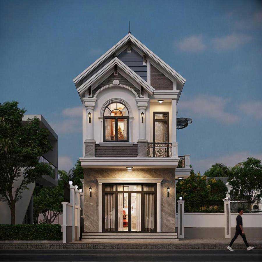 Mẫu thiết kế nhà 2 tầng mặt tiền 5m mái thái