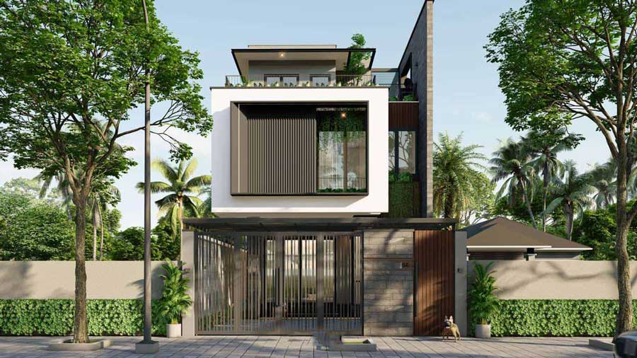 Mẫu thiết kế nhà vuông 2 tầng 1 tum