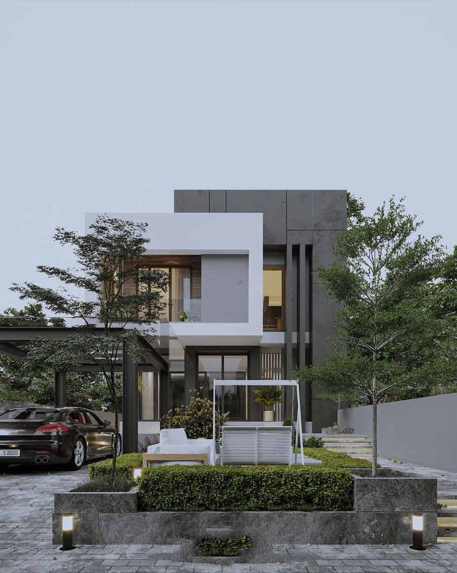 Nhà vuông 2 tầng kết hợp sân vườn