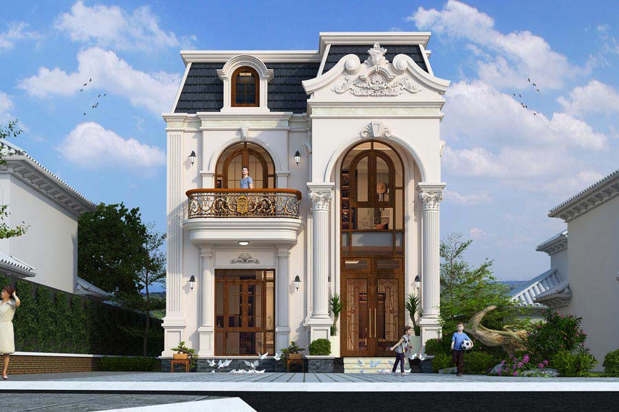 Mẫu thiết kế nhà vuông 2 tầng kiểu Pháp