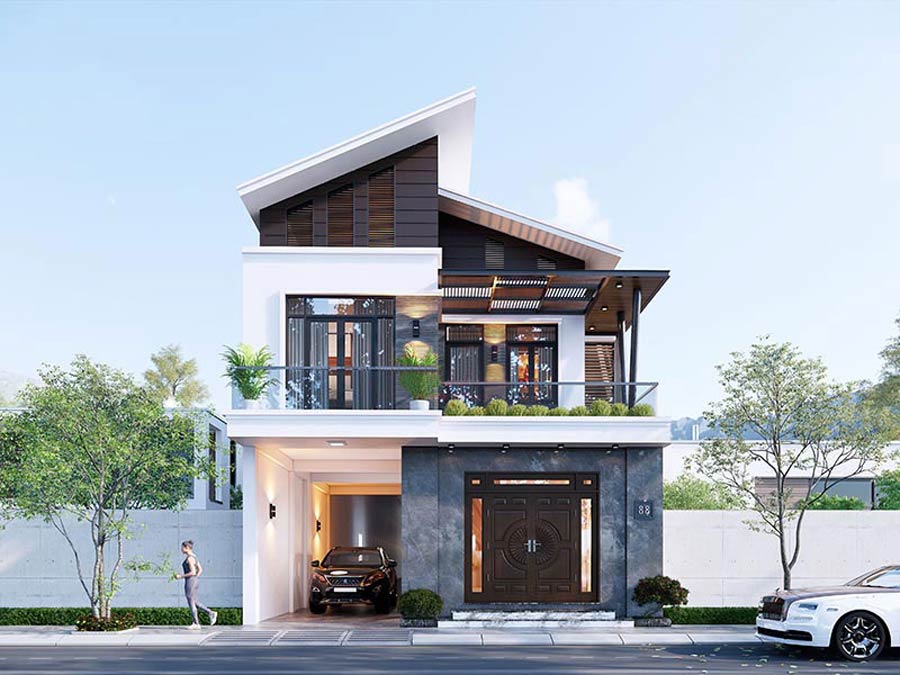 Thiết kế nhà vuông 2 tầng mái lệch​