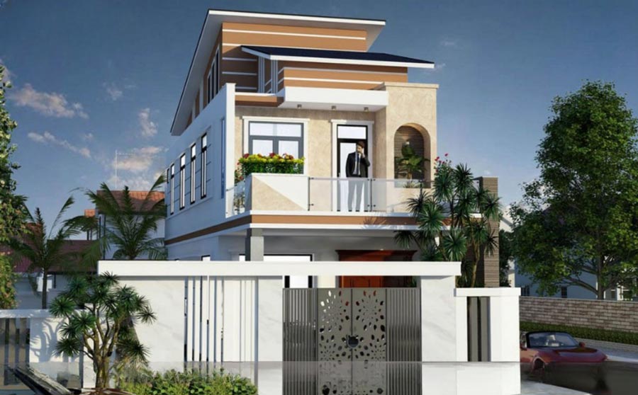 Thiết kế nhà vuông 2 tầng mái lệch​