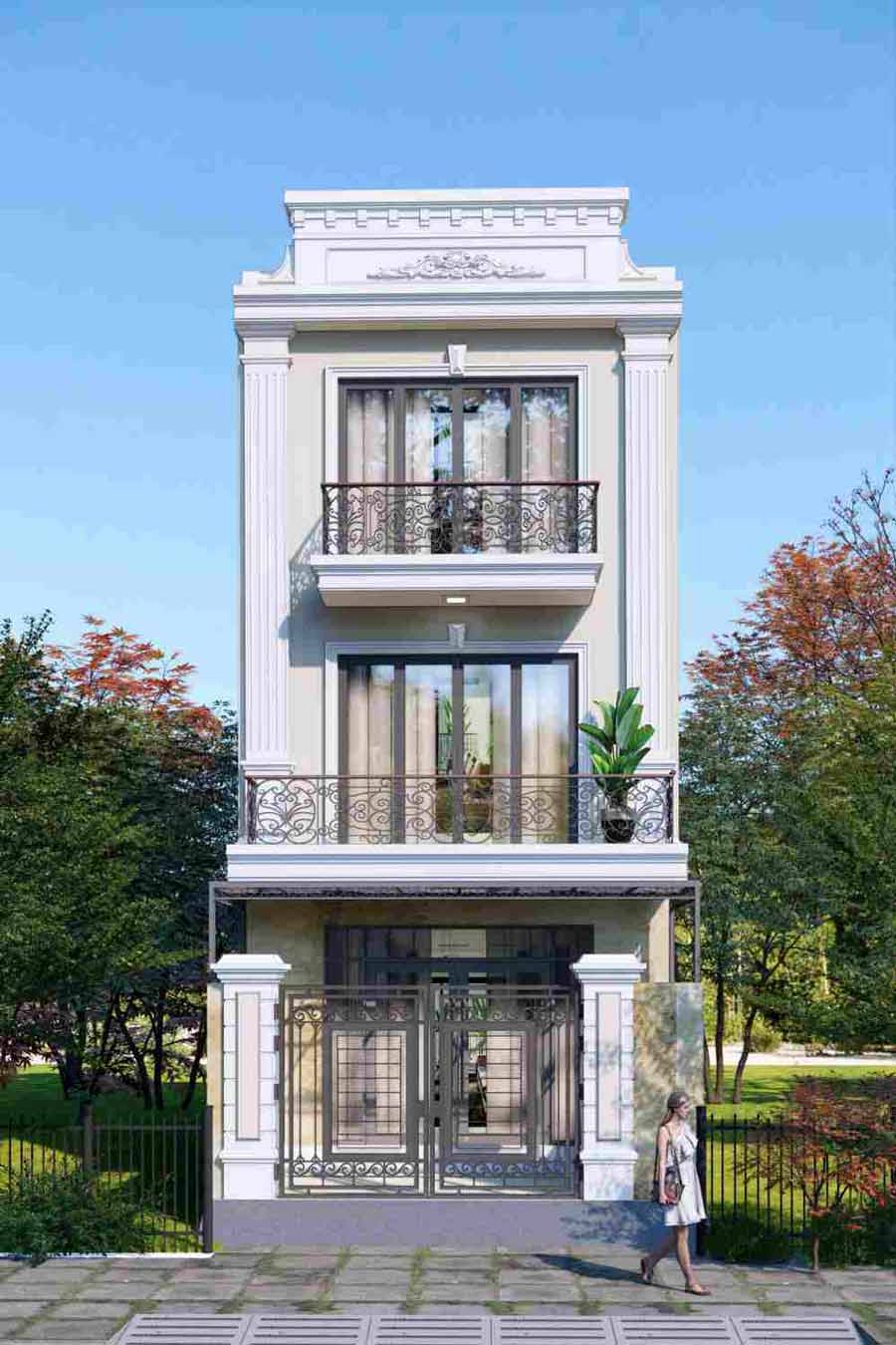 Thiết kế nhà vuông 2 tầng tân cổ điển