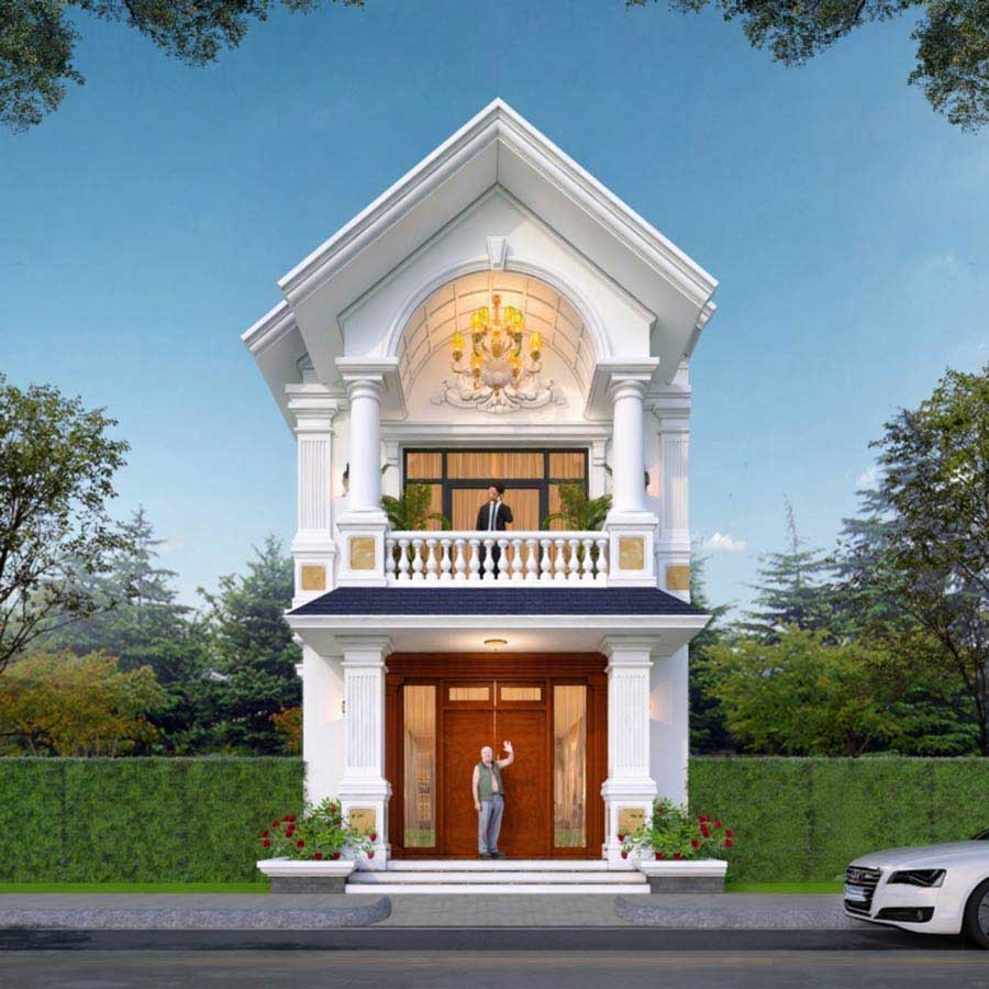 Thiết kế nhà vuông 2 tầng tân cổ điển