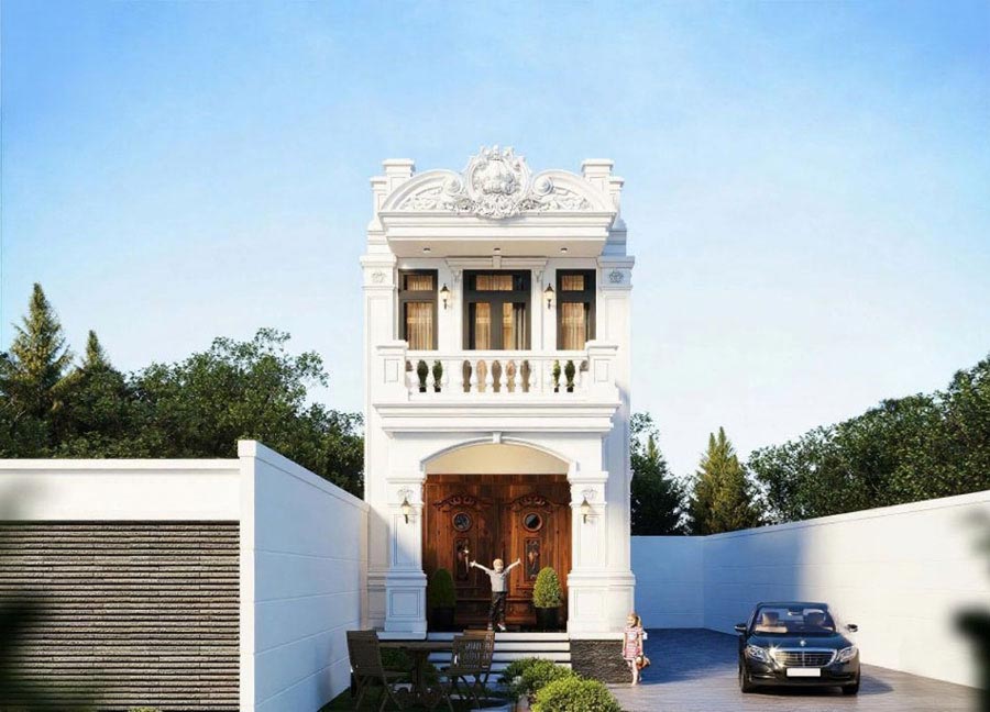 Thiết kế nhà vuông 2 tầng tân cổ điển