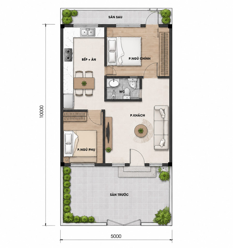 Bản vẽ nhà 1 tầng 5x10m 2 phòng ngủ