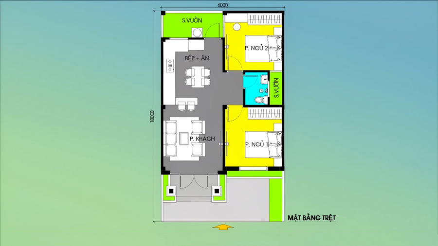 Mặt bằng công năng nhà phố 6x10m 1 tầng