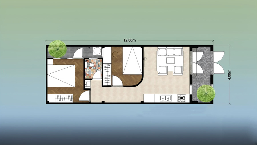 Bản vẽ mặt bằng nhà 1 tầng 40m2 2 phòng ngủ