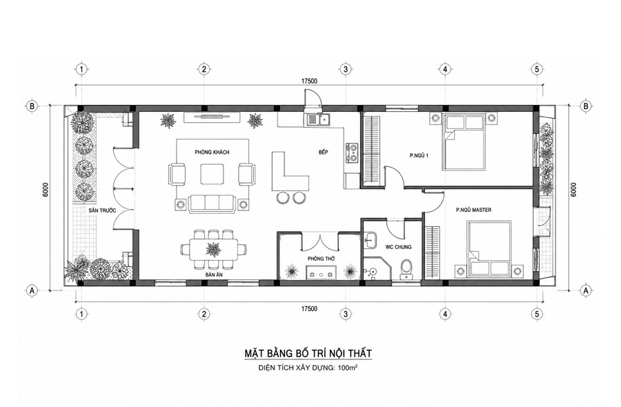 Bản vẽ nhà 1 tầng 2 phòng ngủ 100m2
