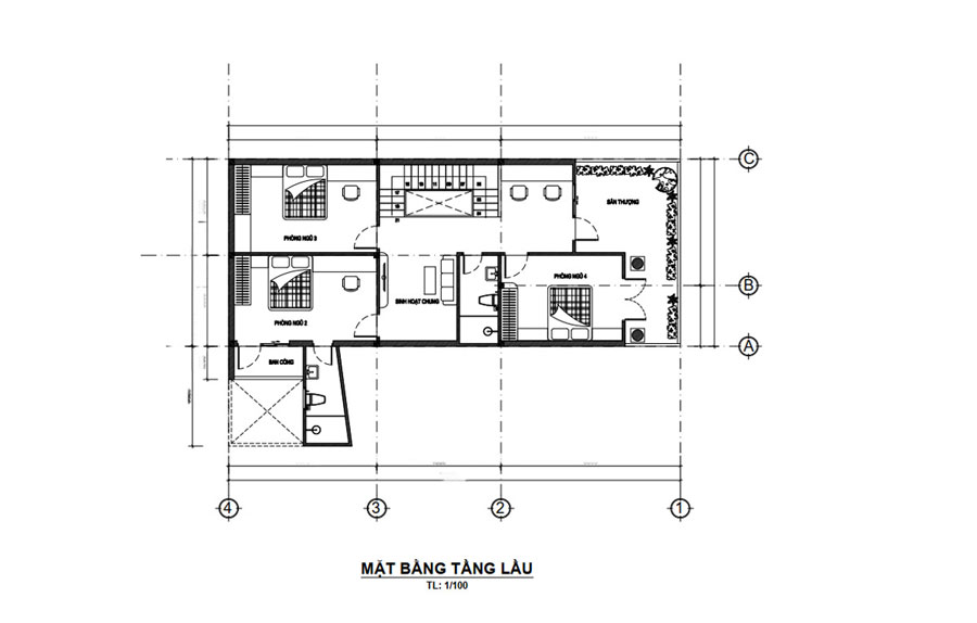 Bản vẽ nhà 2 tầng 8x12m 4 phòng ngủ
