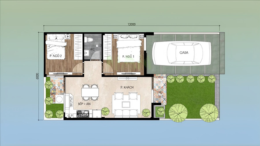 Bản vẽ mặt bằng thiết kế nhà 1 tầng 6x12m 2 phòng ngủ