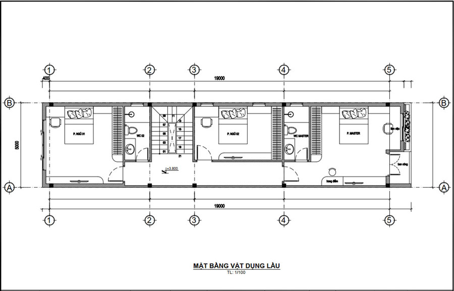 Mẫu nhà 2 tầng 3 phòng ngủ 5x19m