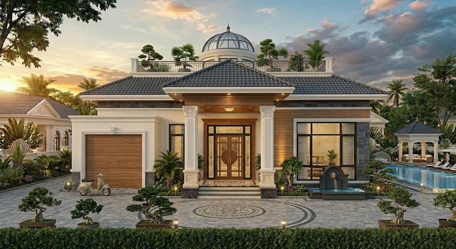 Mẫu nhà 1 tầng 1 tum tân cổ điển