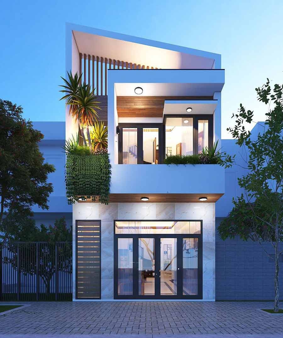 Mẫu nhà 2 tầng 4 phòng ngủ dưới 1 tỷ mái lệch 