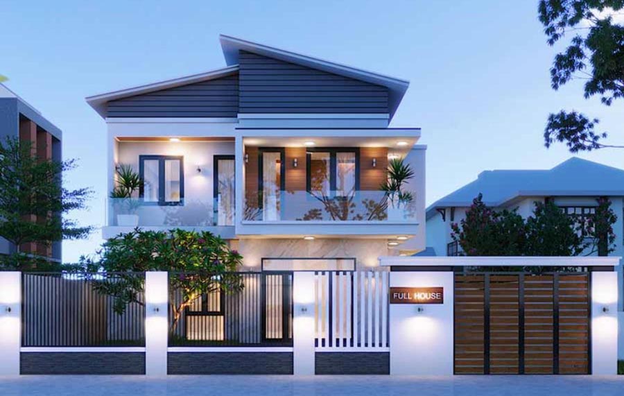 Mẫu nhà 2 tầng 4 phòng ngủ dưới 1 tỷ mái lệch 