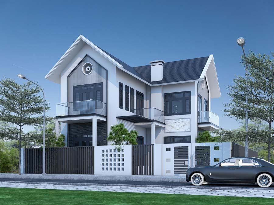 Thiết kế nhà chữ L 2 tầng mái Thái 80m2