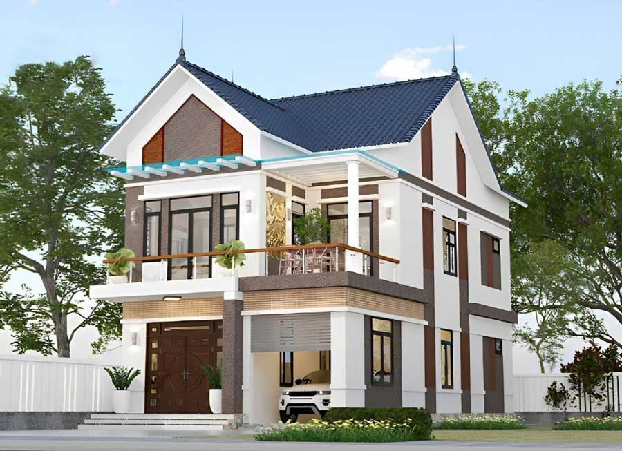 Thiết kế mẫu nhà 2 tầng mái Thái 80m2 có gara