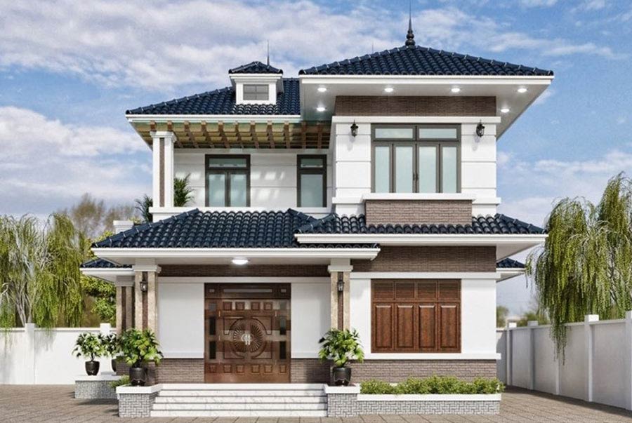Thiết kế nhà 2 tầng mái tôn có gác lửng