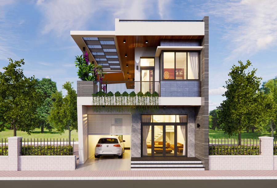 Thiết kế nhà 2 tầng mái tôn có gara