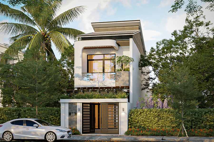 Thiết kế mẫu nhà 2 tầng mặt tiền 4m mái lệch