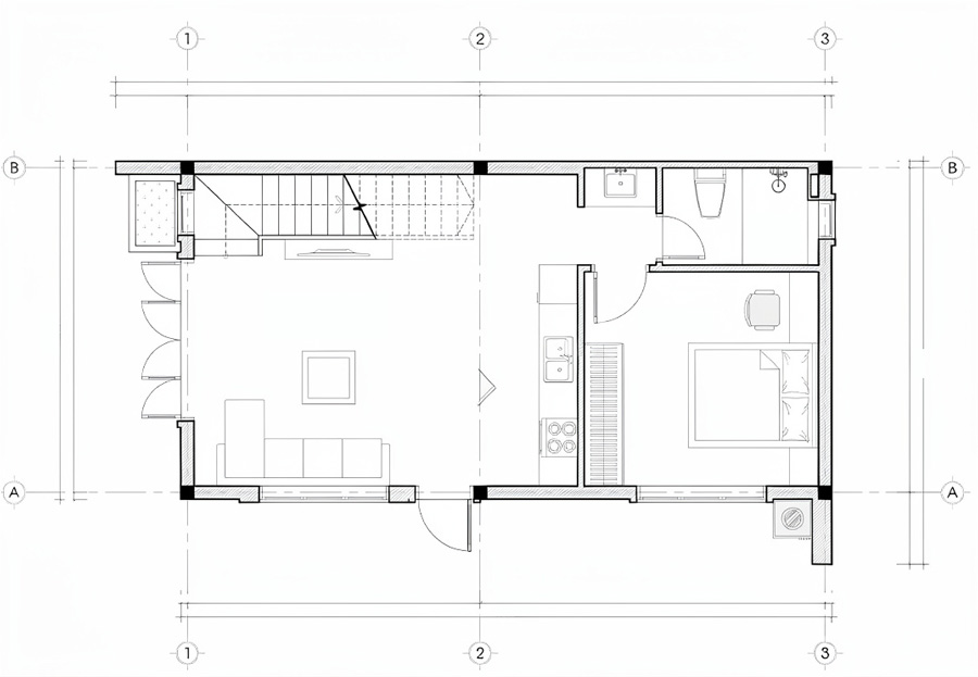 Bản vẽ mặt bằng tầng trệt nhà 7x12m 1 tầng có gác lửng
