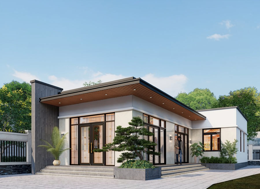 Thiết kế nhà chữ L 1 tầng 2 phòng ngủ