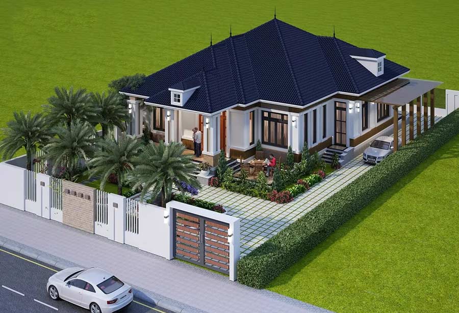 Mẫu thiết kế nhà mái Thái 1 tầng 4 phòng ngủ
