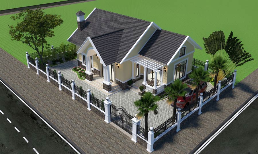 Thiết kế nhà 1 tầng mái Thái có gara để xe