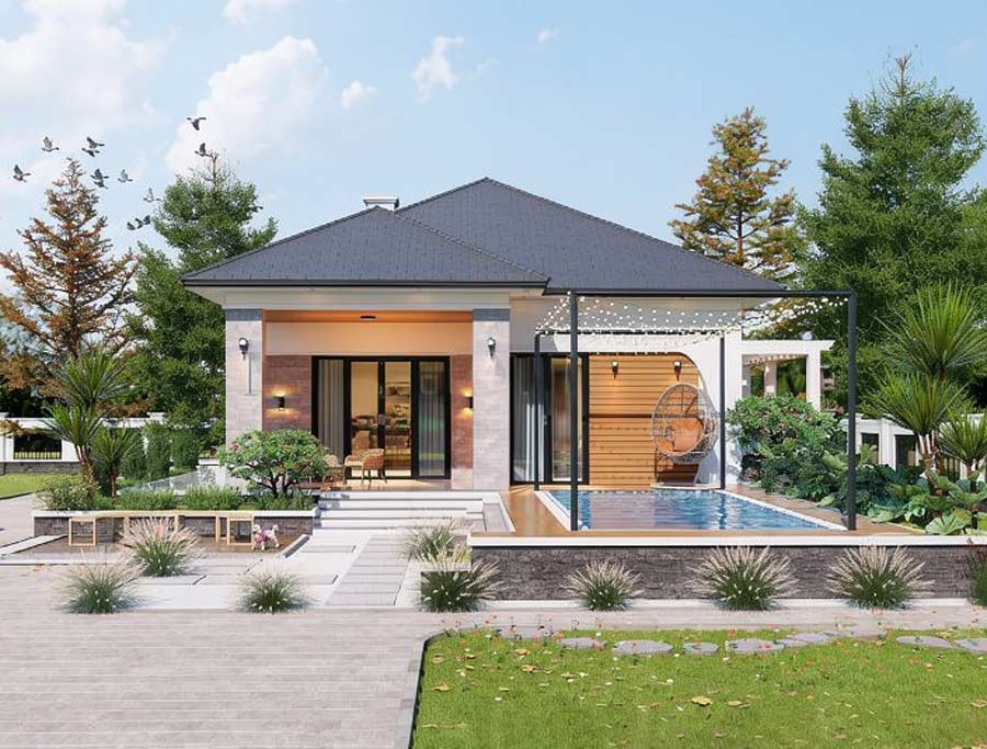 Mẫu nhà mái Thái 1 tầng có hồ bơi