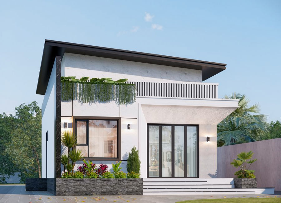 Thiết kế nhà 1 tầng mái lệch hình ống